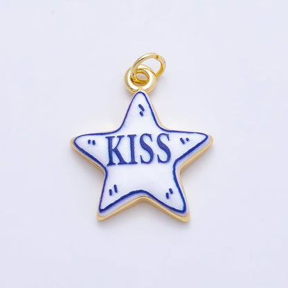 16K Gold Filled 21.5mm Lucky, Amore, Happy, Kiss, Mom, Mama, Love Script Blue White Celestial Star Charm | Charms-01229 ~ Charms-01235