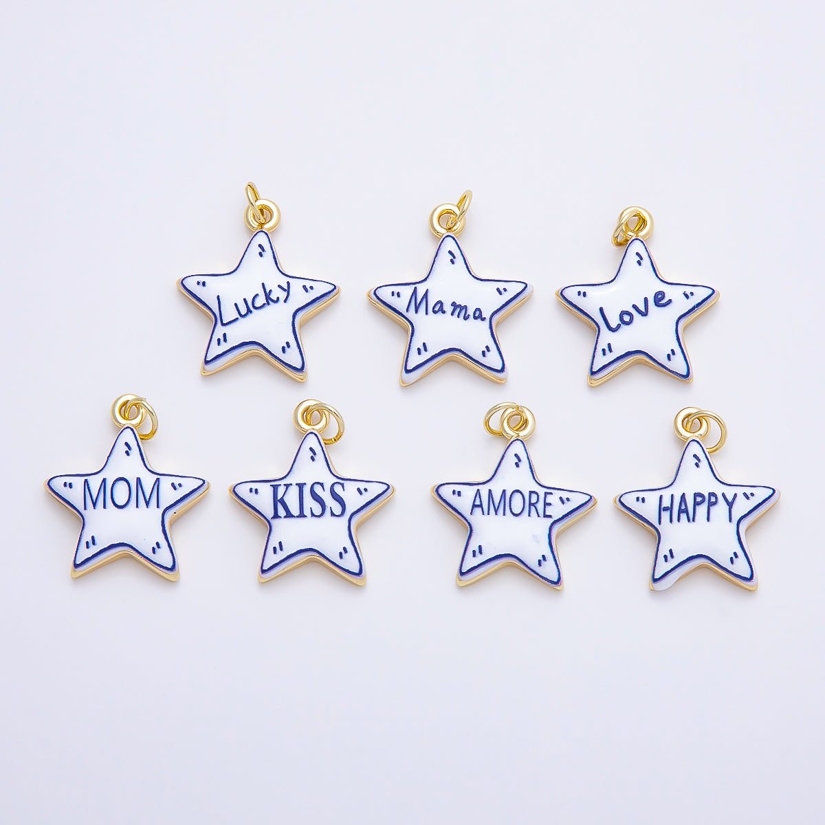 16K Gold Filled 21.5mm Lucky, Amore, Happy, Kiss, Mom, Mama, Love Script Blue White Celestial Star Charm | Charms-01229 ~ Charms-01235