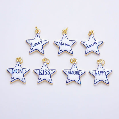 16K Gold Filled 21.5mm Lucky, Amore, Happy, Kiss, Mom, Mama, Love Script Blue White Celestial Star Charm | Charms-01229 ~ Charms-01235