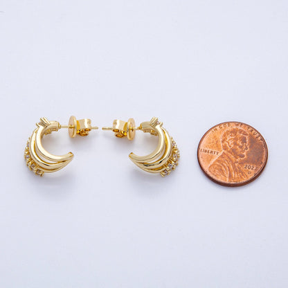 16K Gold Filled 21mm Clear CZ Cluster Triple Band Claw C-Shaped Hoop | Earrings-00224