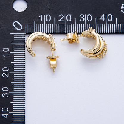 16K Gold Filled 21mm Clear CZ Cluster Triple Band Claw C-Shaped Hoop | Earrings-00224