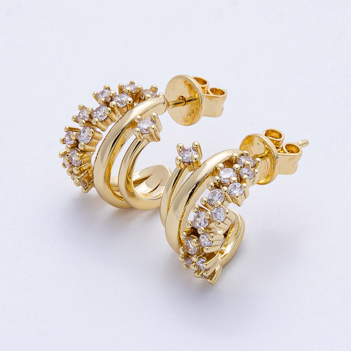 16K Gold Filled 21mm Clear CZ Cluster Triple Band Claw C-Shaped Hoop | Earrings-00224