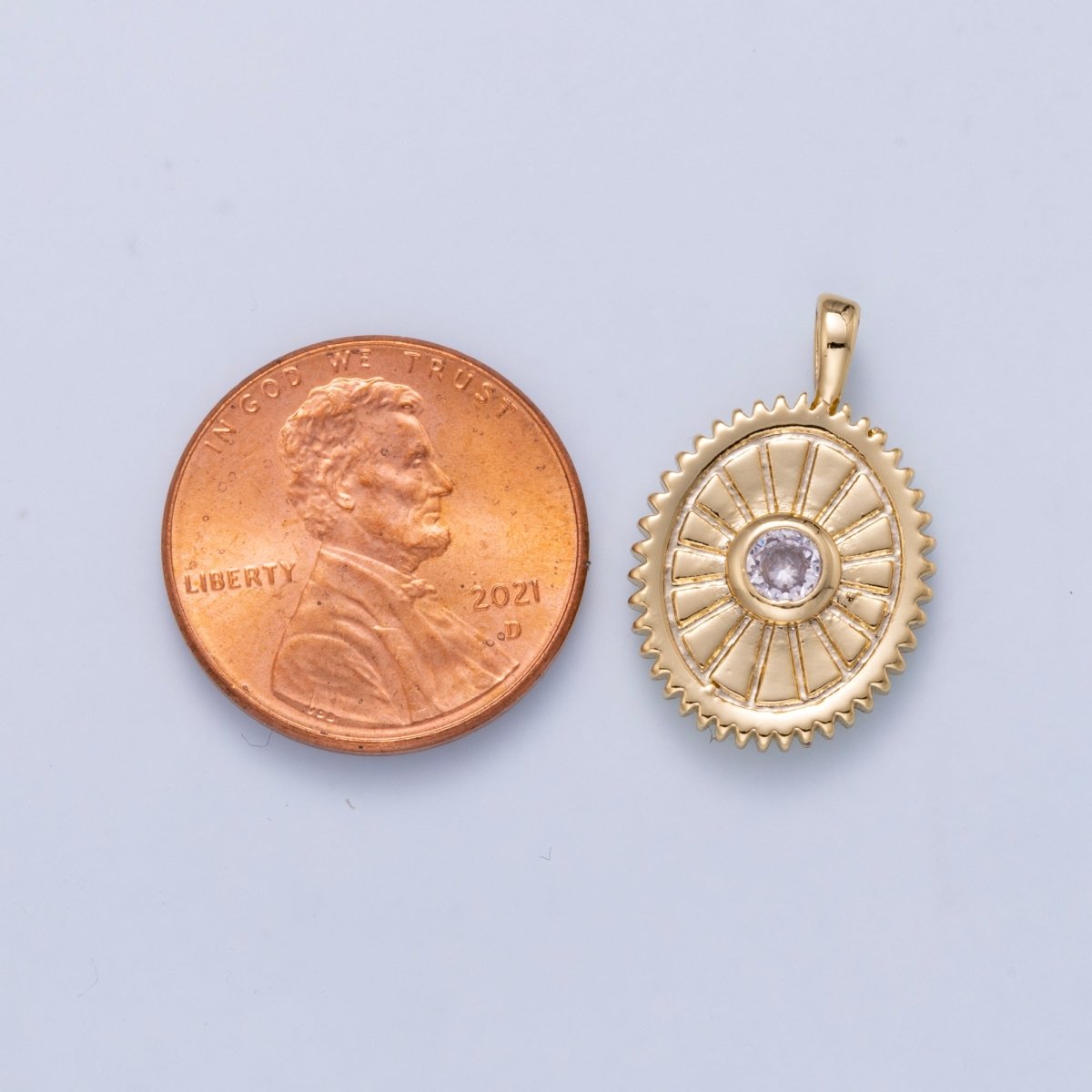16K Gold Filled 21mm Clear CZ Geometric Lined Textured Oval Pendant | Charms-01046