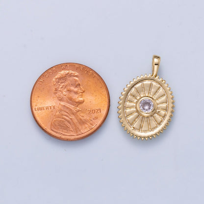 16K Gold Filled 21mm Clear CZ Geometric Lined Textured Oval Pendant | Charms-01046