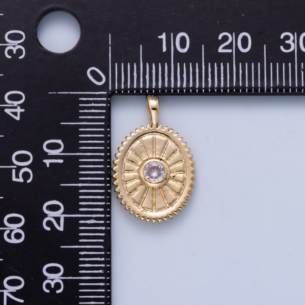 16K Gold Filled 21mm Clear CZ Geometric Lined Textured Oval Pendant | Charms-01046