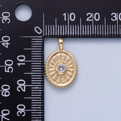 16K Gold Filled 21mm Clear CZ Geometric Lined Textured Oval Pendant | Charms-01046
