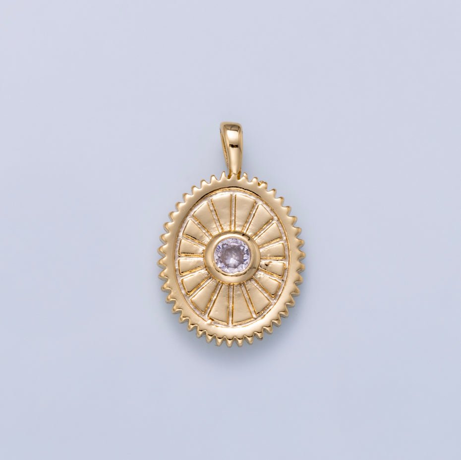 16K Gold Filled 21mm Clear CZ Geometric Lined Textured Oval Pendant | Charms-01046