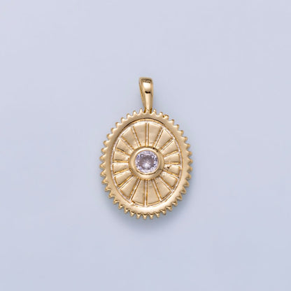 16K Gold Filled 21mm Clear CZ Geometric Lined Textured Oval Pendant | Charms-01046