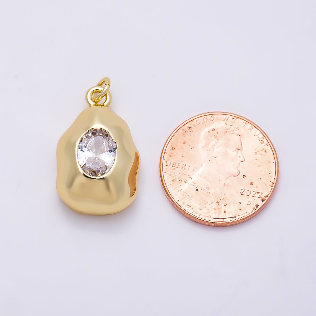 16K Gold Filled 21mm Clear CZ Oval Geometric Molten Bezel Chubby Charm | Charms-01359