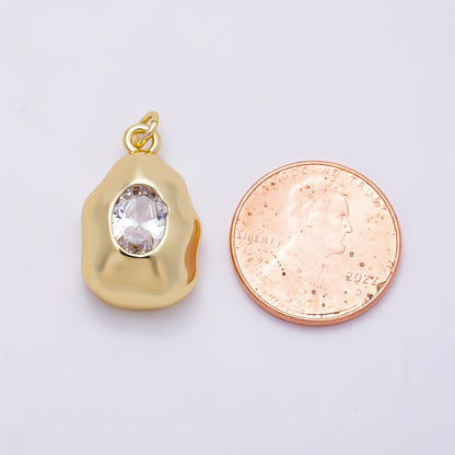 16K Gold Filled 21mm Clear CZ Oval Geometric Molten Bezel Chubby Charm | Charms-01359