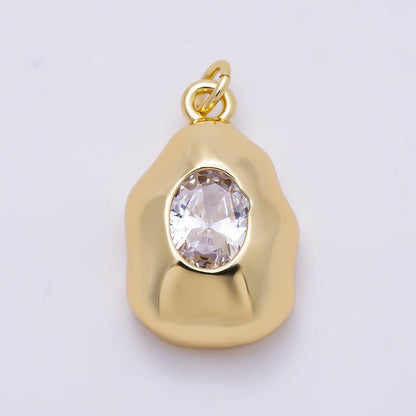 16K Gold Filled 21mm Clear CZ Oval Geometric Molten Bezel Chubby Charm | Charms-01359