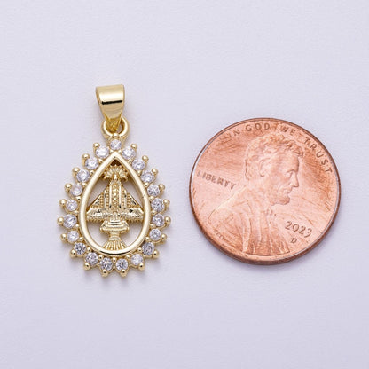 16K Gold Filled 21mm Micro Paved CZ Mother Mary Religious Open Teardrop Pendant | Charms-00566