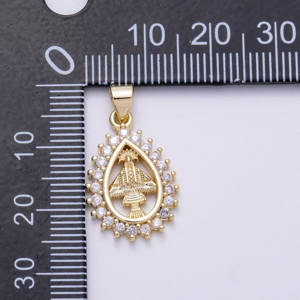 16K Gold Filled 21mm Micro Paved CZ Mother Mary Religious Open Teardrop Pendant | Charms-00566