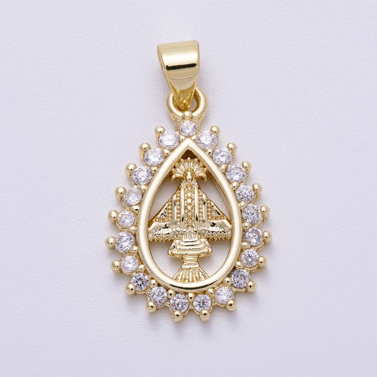 16K Gold Filled 21mm Micro Paved CZ Mother Mary Religious Open Teardrop Pendant | Charms-00566