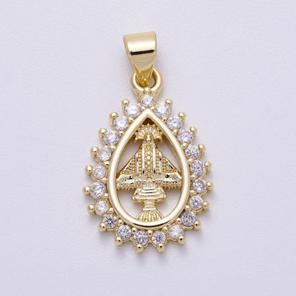 16K Gold Filled 21mm Micro Paved CZ Mother Mary Religious Open Teardrop Pendant | Charms-00566