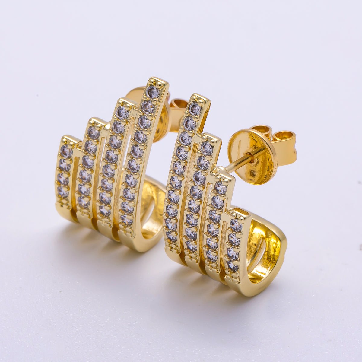 16K Gold Filled 21mm Micro Paved CZ Wide Claw J-Shaped Hoop Earrings in Gold &amp; Silver | Earrings-00335 Earrings-00336