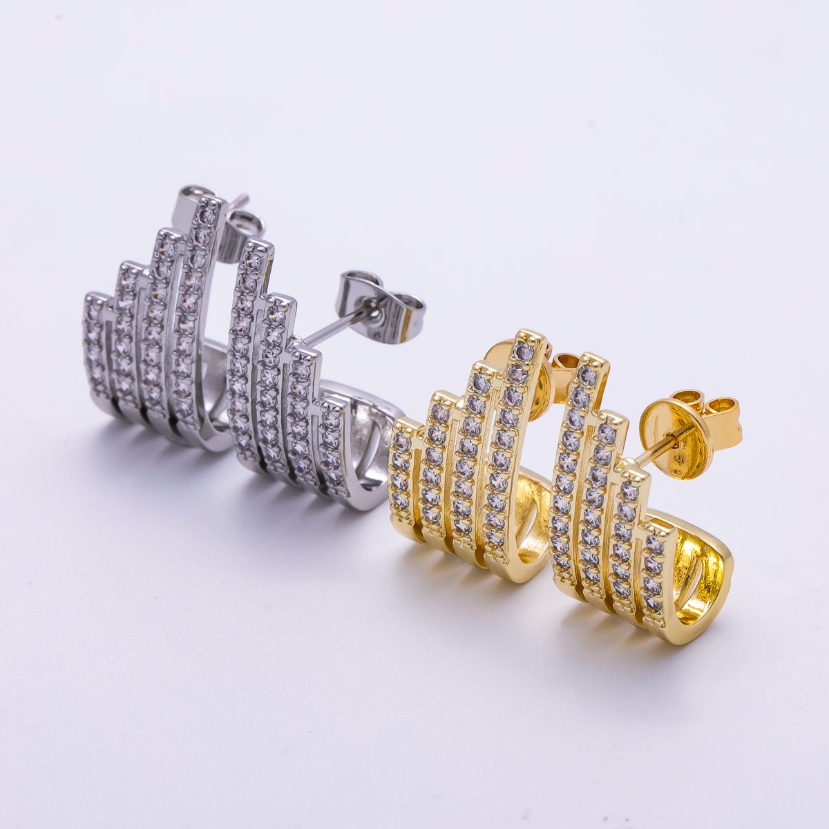 16K Gold Filled 21mm Micro Paved CZ Wide Claw J-Shaped Hoop Earrings in Gold &amp; Silver | Earrings-00335 Earrings-00336