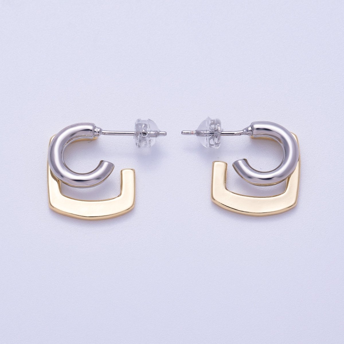 16K Gold Filled 21mm Mixed Metal Double Geometric C-Shaped Hoop Earrings | Earrings-00321