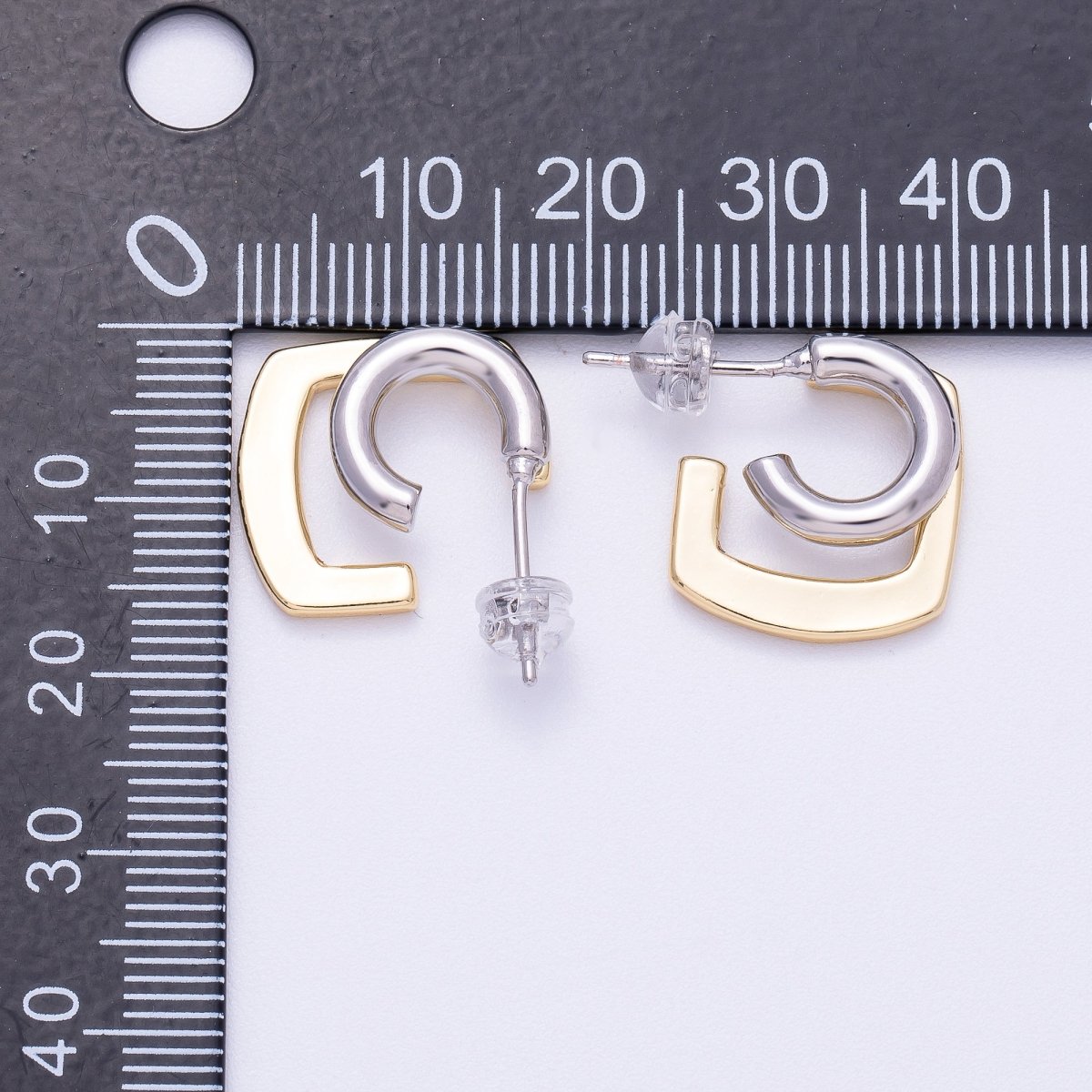 16K Gold Filled 21mm Mixed Metal Double Geometric C-Shaped Hoop Earrings | Earrings-00321
