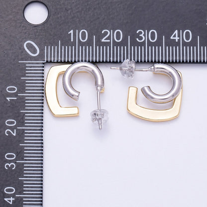 16K Gold Filled 21mm Mixed Metal Double Geometric C-Shaped Hoop Earrings | Earrings-00321