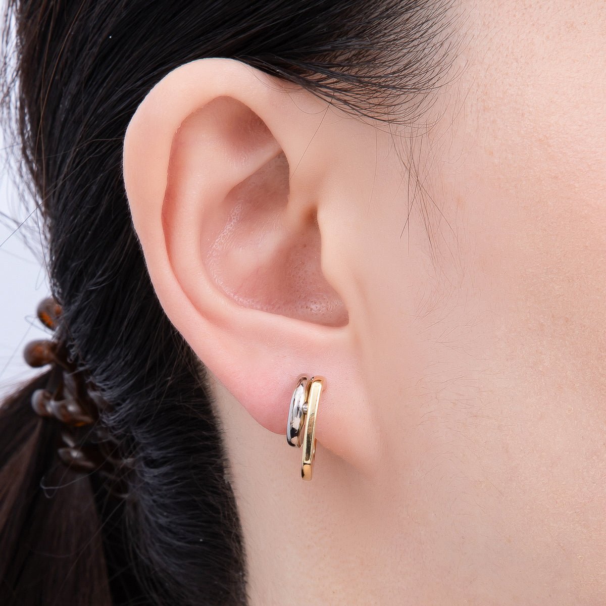 16K Gold Filled 21mm Mixed Metal Double Geometric C-Shaped Hoop Earrings | Earrings-00321