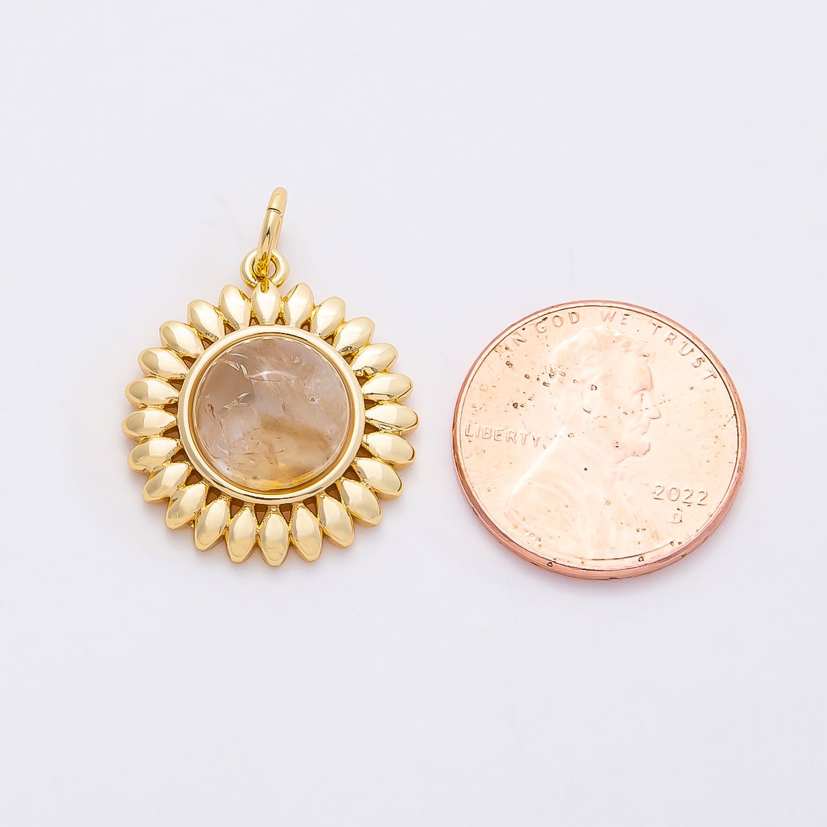 16K Gold Filled 21mm Moonstone Cabochon Gemstone Sunflower Charm | Charms-00765