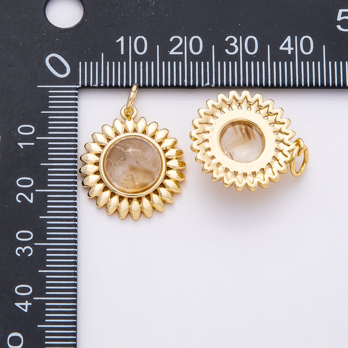 16K Gold Filled 21mm Moonstone Cabochon Gemstone Sunflower Charm | Charms-00765