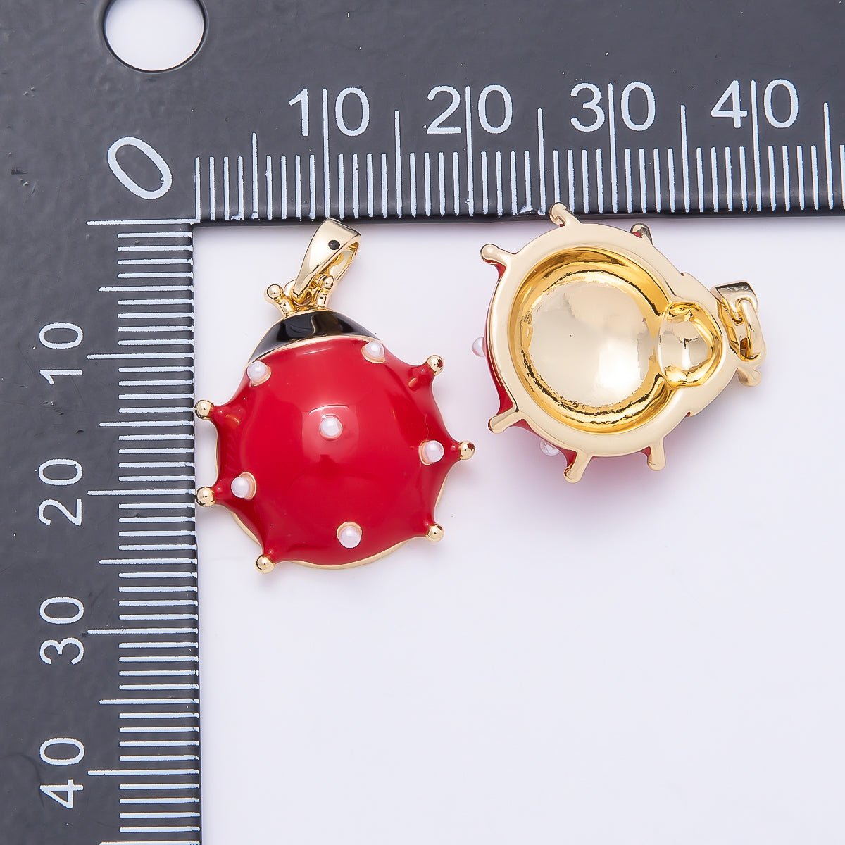 16K Gold Filled 21mm Red Enamel Shell Pearl Dotted Lady Bug Insect Animal Pendant | Charms-01038