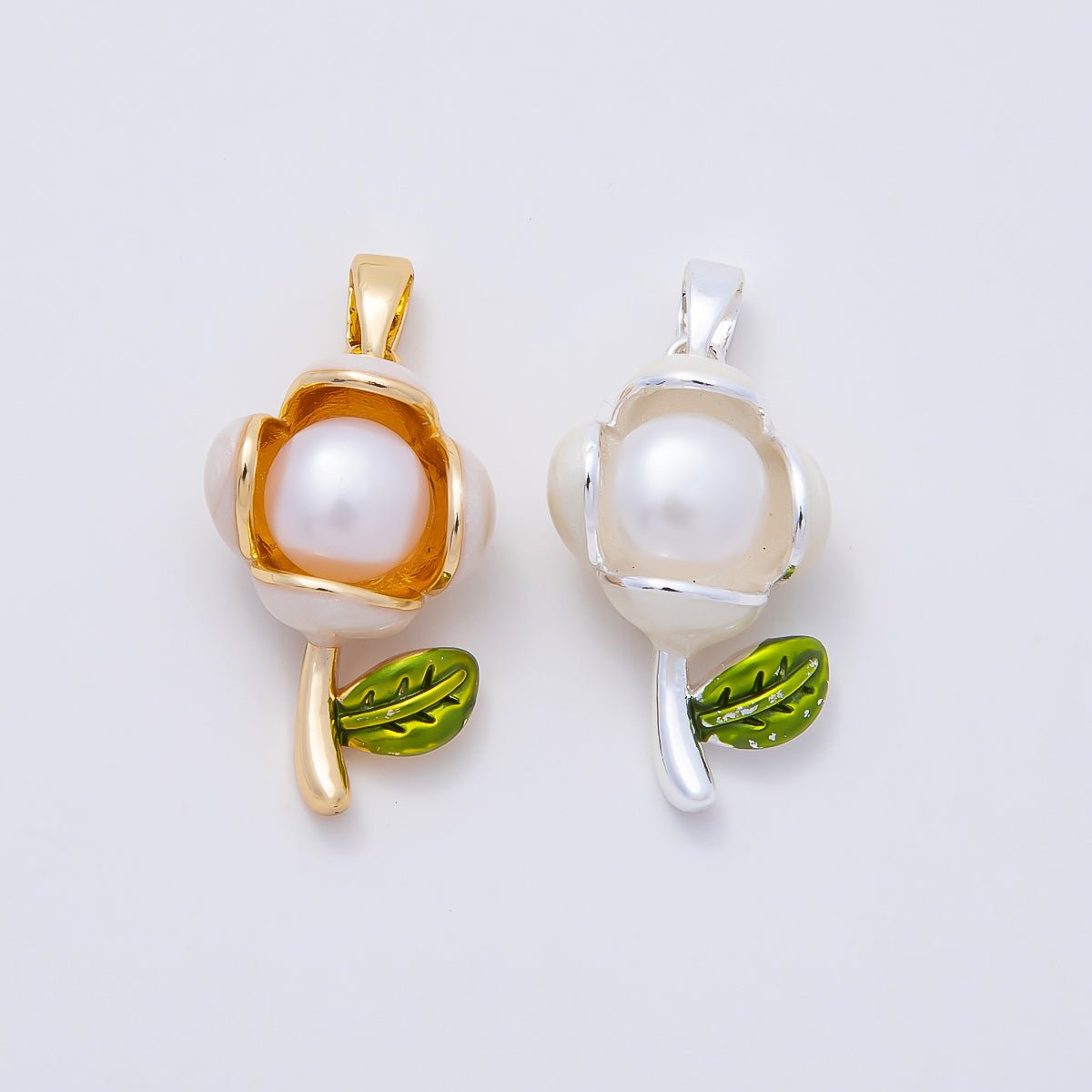 16K Gold Filled 21mm Shell Pearl Enamel Flower Pendant in Gold &amp; Silver | Charms-00977 Charms-00978