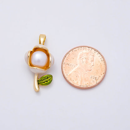16K Gold Filled 21mm Shell Pearl Enamel Flower Pendant in Gold &amp; Silver | Charms-00977 Charms-00978