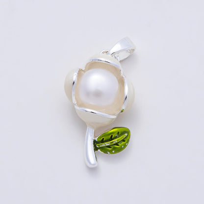 16K Gold Filled 21mm Shell Pearl Enamel Flower Pendant in Gold &amp; Silver | Charms-00977 Charms-00978