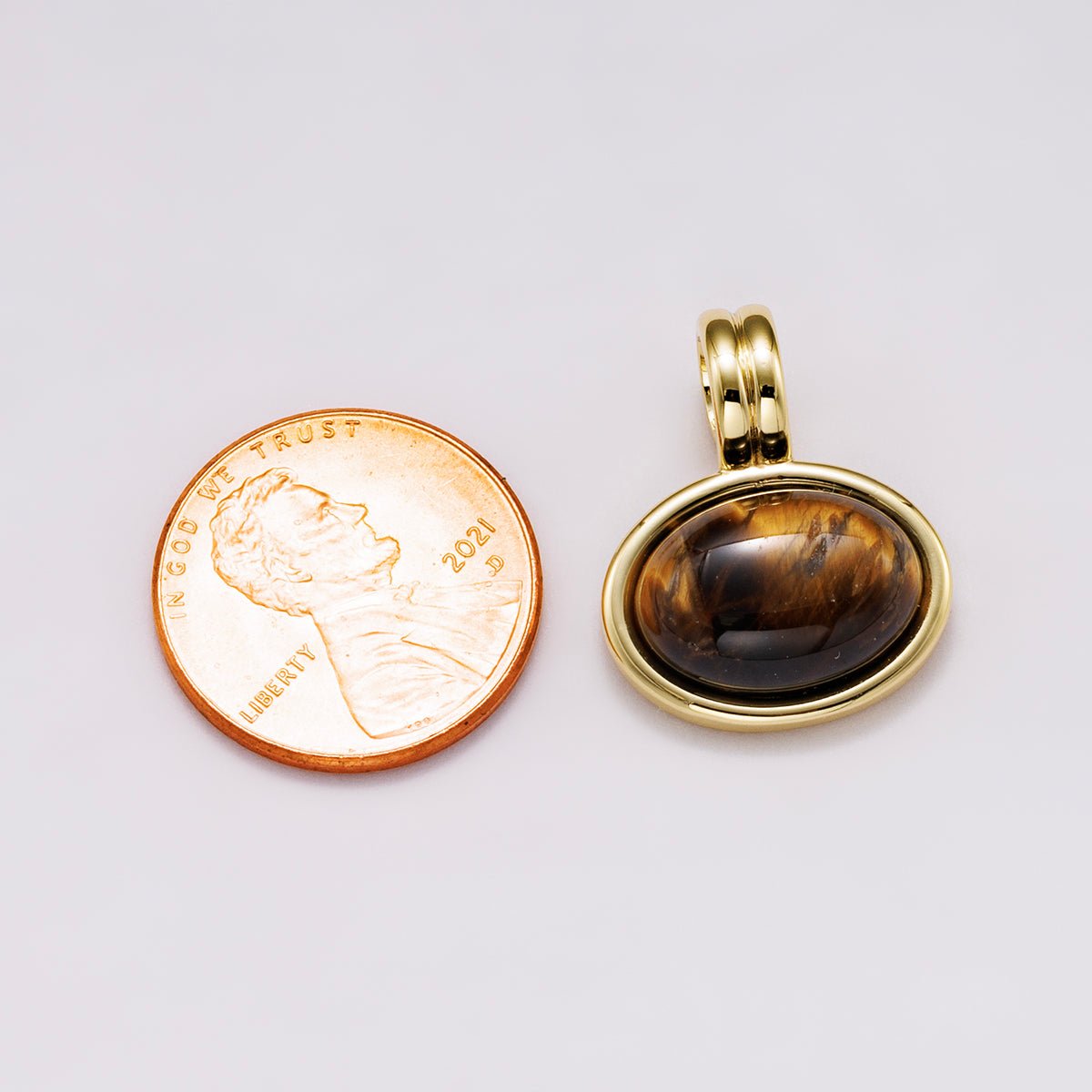 16K Gold Filled 21mm Tiger Eye Cabochon Natural Gemstone Oval Bezel Pendant | Charms-00548