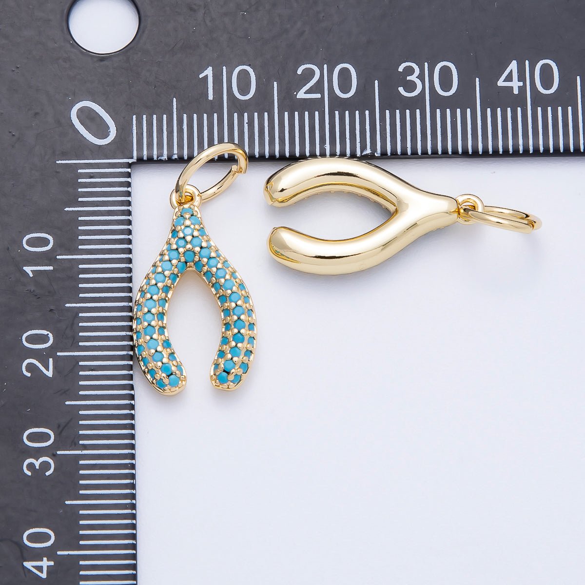 16K Gold Filled 21mm Turquoise, Clear Micro Paved CZ Wishbone Lucky Charm | Charms-00659 Charms-00660