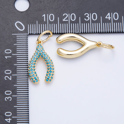 16K Gold Filled 21mm Turquoise, Clear Micro Paved CZ Wishbone Lucky Charm | Charms-00659 Charms-00660