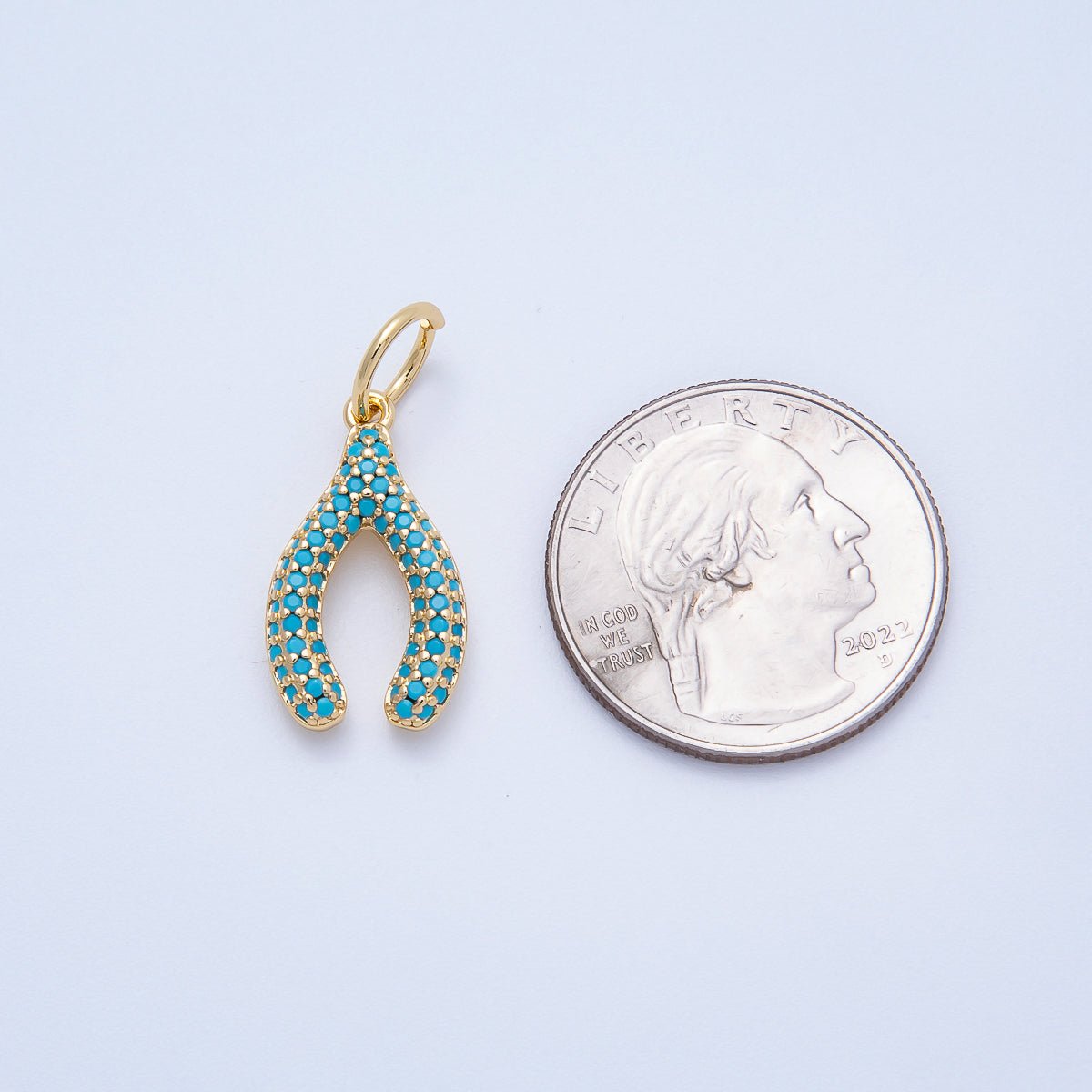 16K Gold Filled 21mm Turquoise, Clear Micro Paved CZ Wishbone Lucky Charm | Charms-00659 Charms-00660