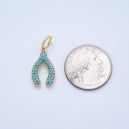 16K Gold Filled 21mm Turquoise, Clear Micro Paved CZ Wishbone Lucky Charm | Charms-00659 Charms-00660