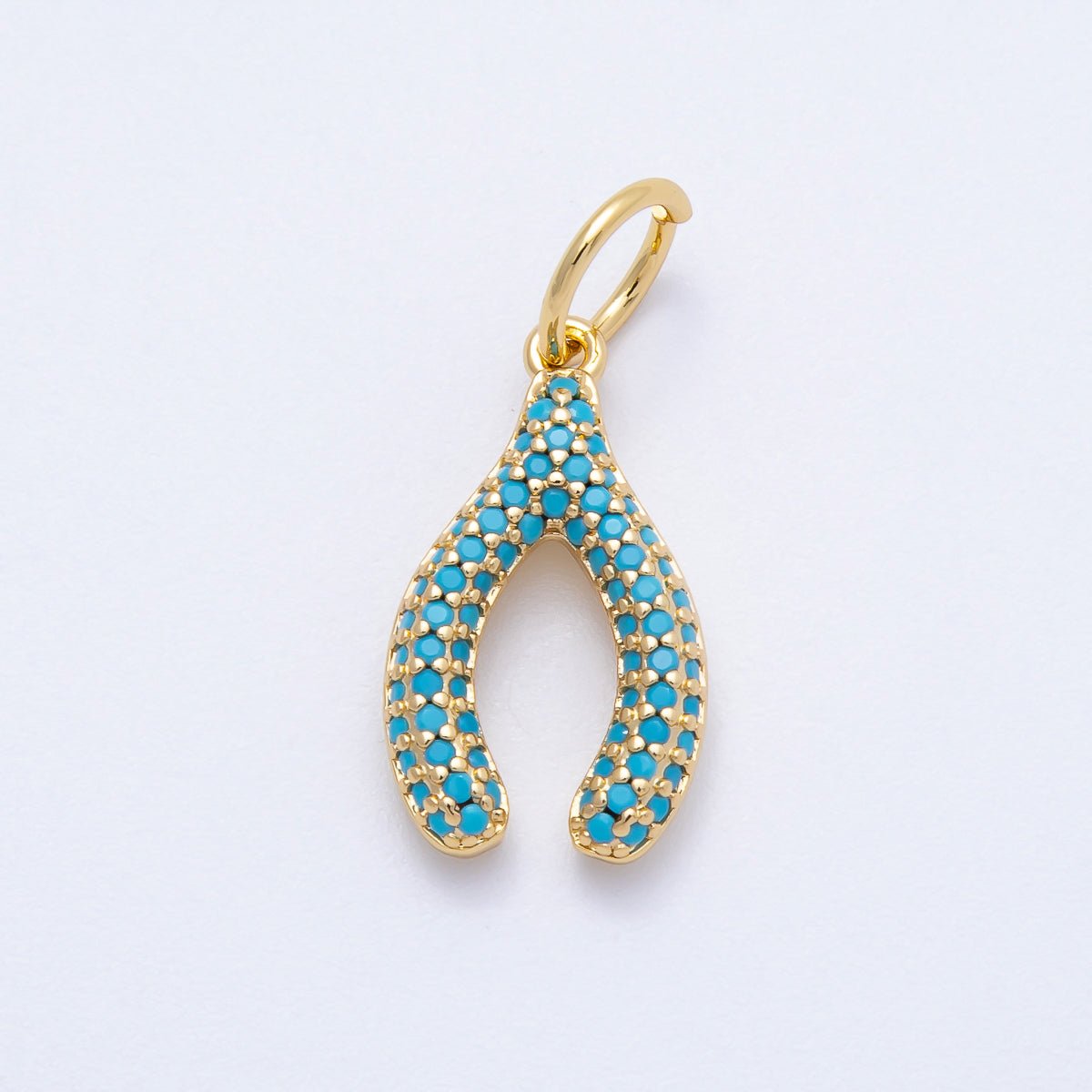 16K Gold Filled 21mm Turquoise, Clear Micro Paved CZ Wishbone Lucky Charm | Charms-00659 Charms-00660