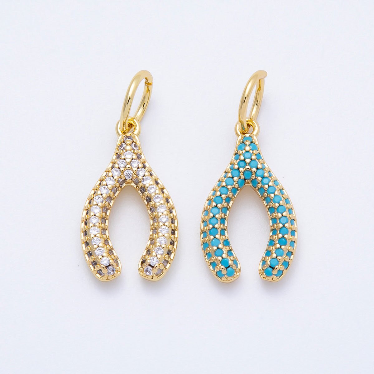 16K Gold Filled 21mm Turquoise, Clear Micro Paved CZ Wishbone Lucky Charm | Charms-00659 Charms-00660