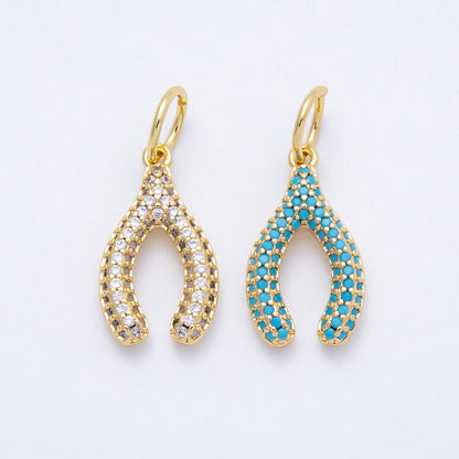 16K Gold Filled 21mm Turquoise, Clear Micro Paved CZ Wishbone Lucky Charm | Charms-00659 Charms-00660