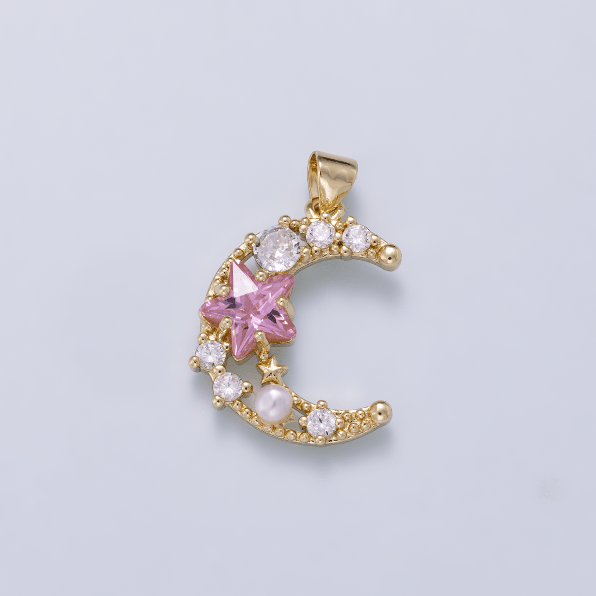 16K Gold Filled 22.5mm Pink Clear CZ Cluster Star Crescent Moon Pendant | Charms-01250