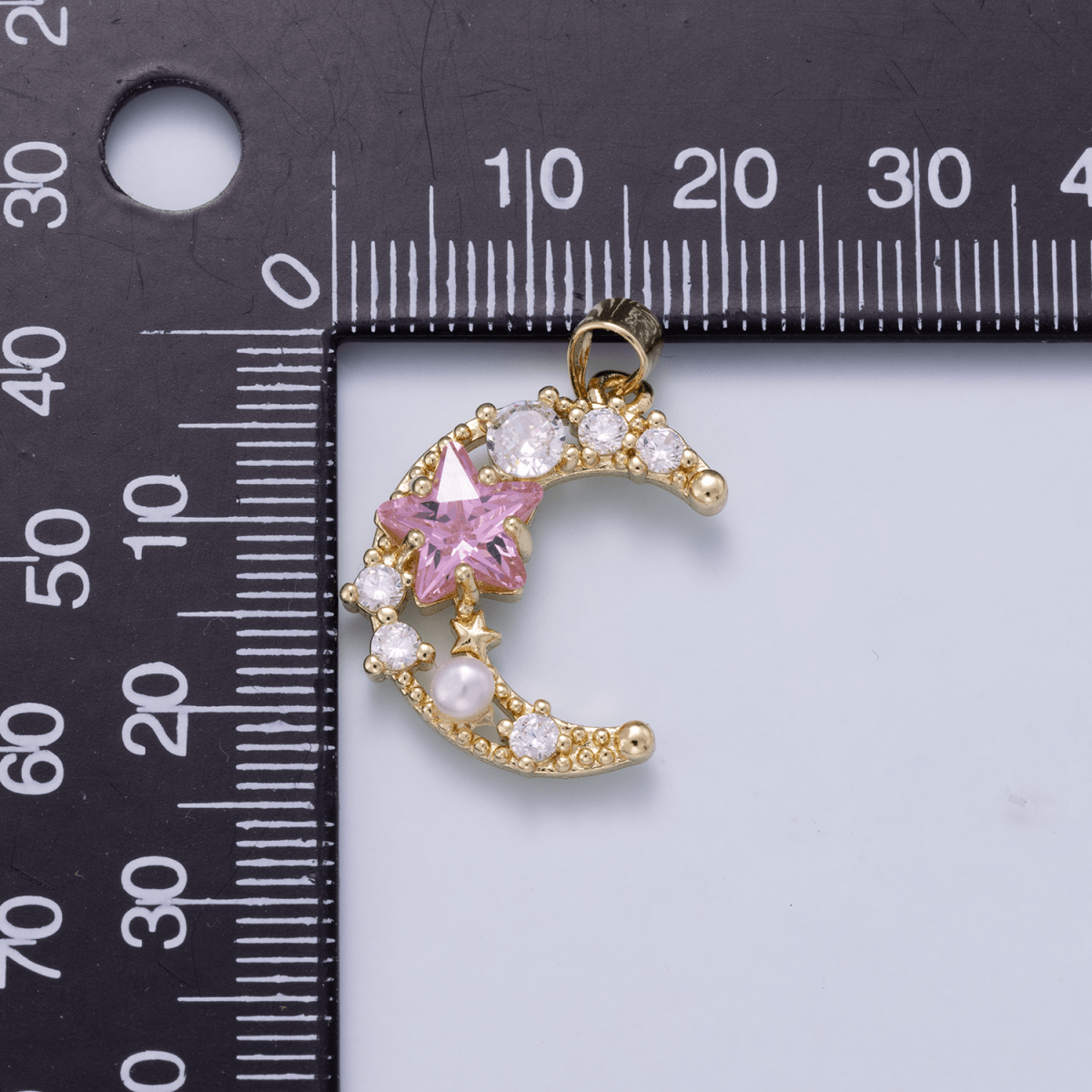 16K Gold Filled 22.5mm Pink Clear CZ Cluster Star Crescent Moon Pendant | Charms-01250