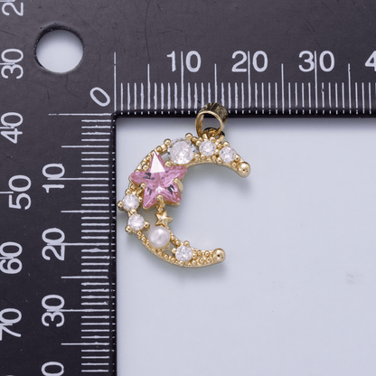 16K Gold Filled 22.5mm Pink Clear CZ Cluster Star Crescent Moon Pendant | Charms-01250
