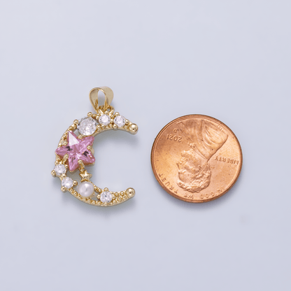 16K Gold Filled 22.5mm Pink Clear CZ Cluster Star Crescent Moon Pendant | Charms-01250