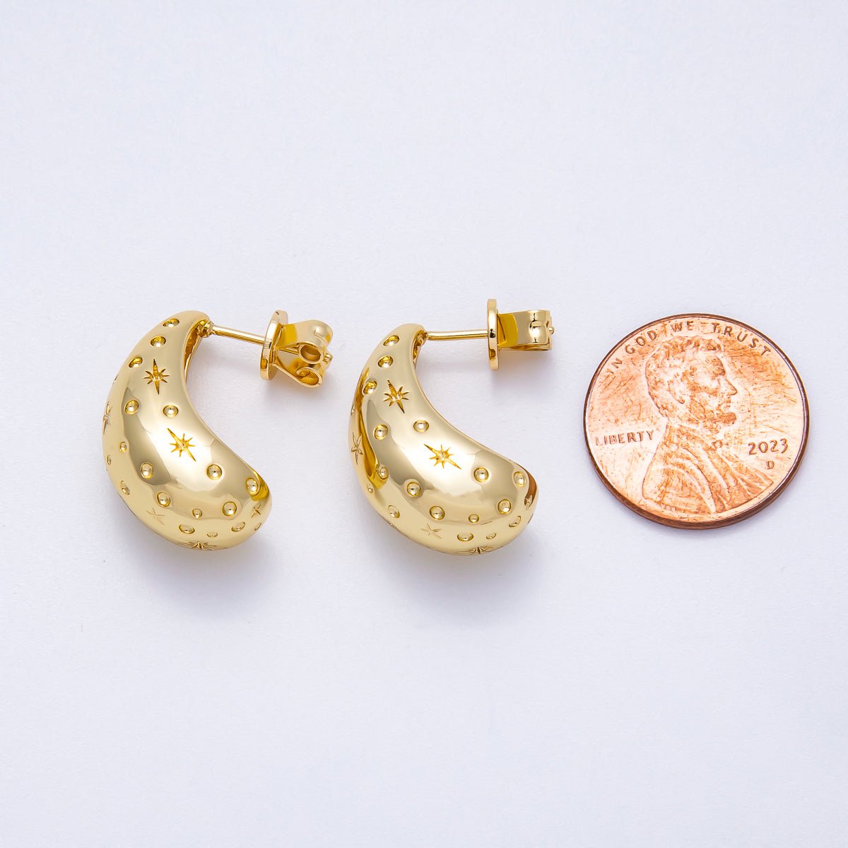 16K Gold Filled 22mm Celestial Star Dotted Textured Dome Teardrop Stud Earrings | Earrings-00322