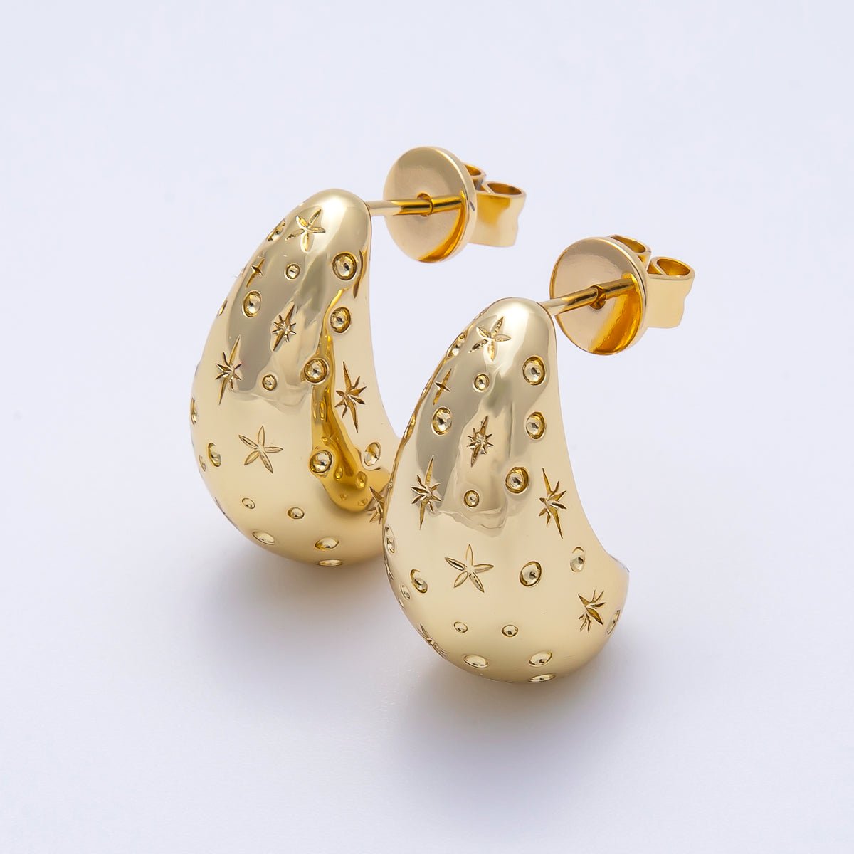 16K Gold Filled 22mm Celestial Star Dotted Textured Dome Teardrop Stud Earrings | Earrings-00322