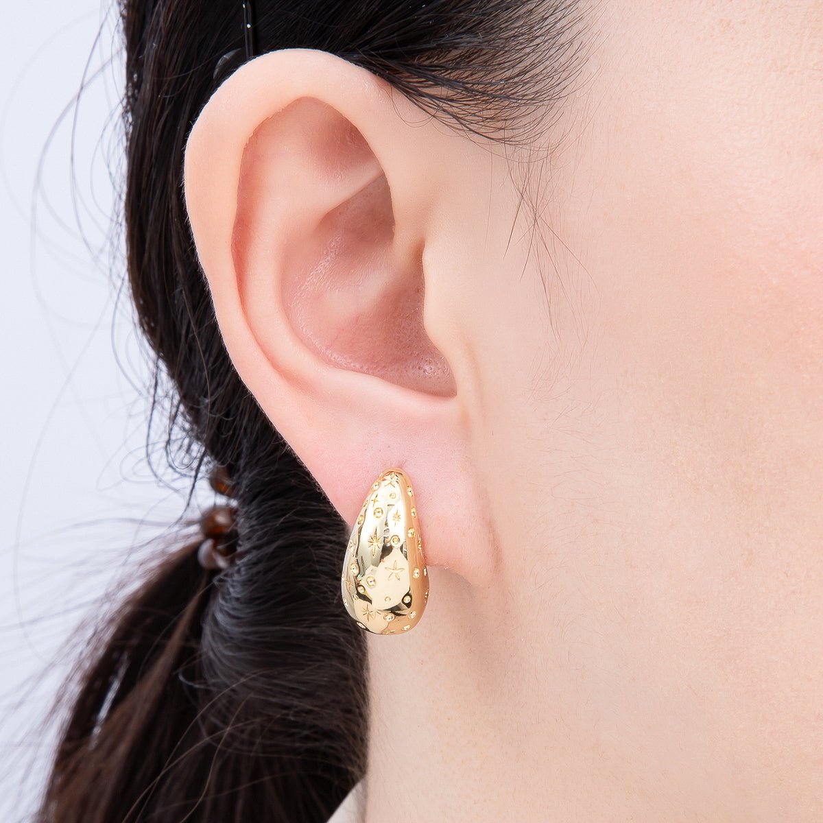 16K Gold Filled 22mm Celestial Star Dotted Textured Dome Teardrop Stud Earrings | Earrings-00322
