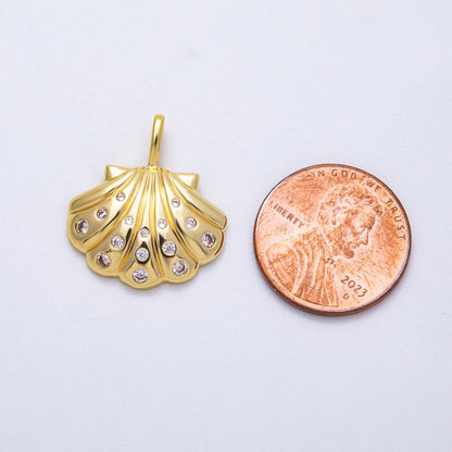 16K Gold Filled 22mm Clear CZ Dotted Clam Shell Pendant | Charms-00575