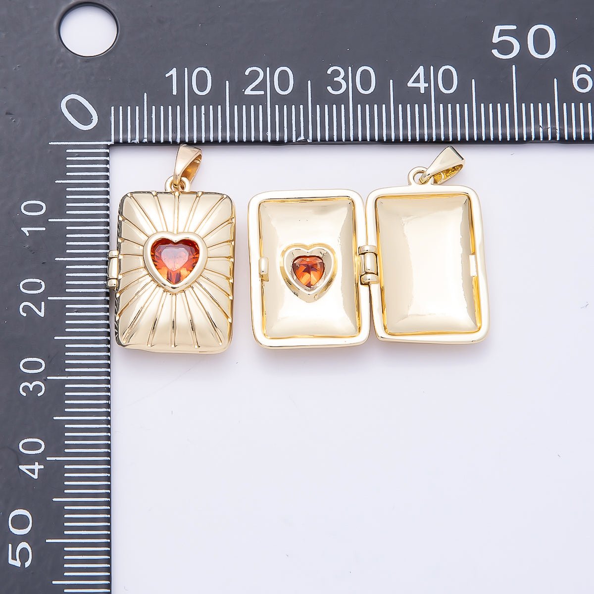 16K Gold Filled 22mm Red Heart CZ Sunburst Rectangle Locket Pendant | Charms-01035