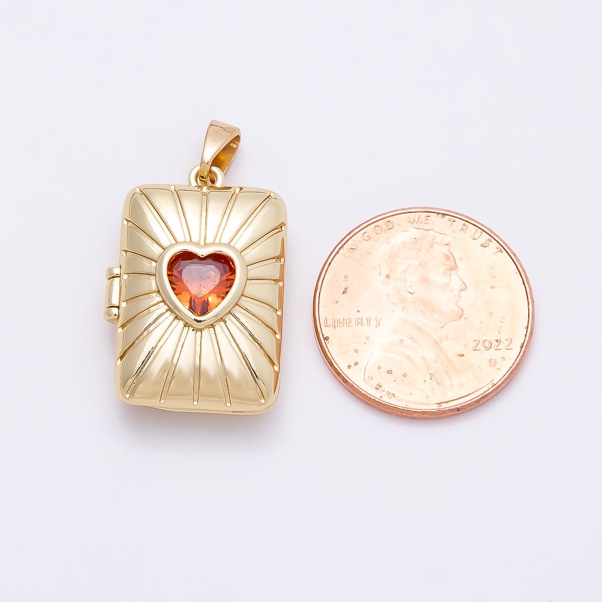 16K Gold Filled 22mm Red Heart CZ Sunburst Rectangle Locket Pendant | Charms-01035