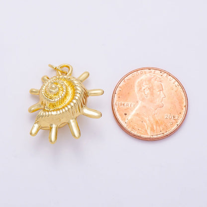 16K Gold Filled 22mm Ribbed Nautilus Seashell Sun Ray 3D Multidimensional Charm | Charms-01455